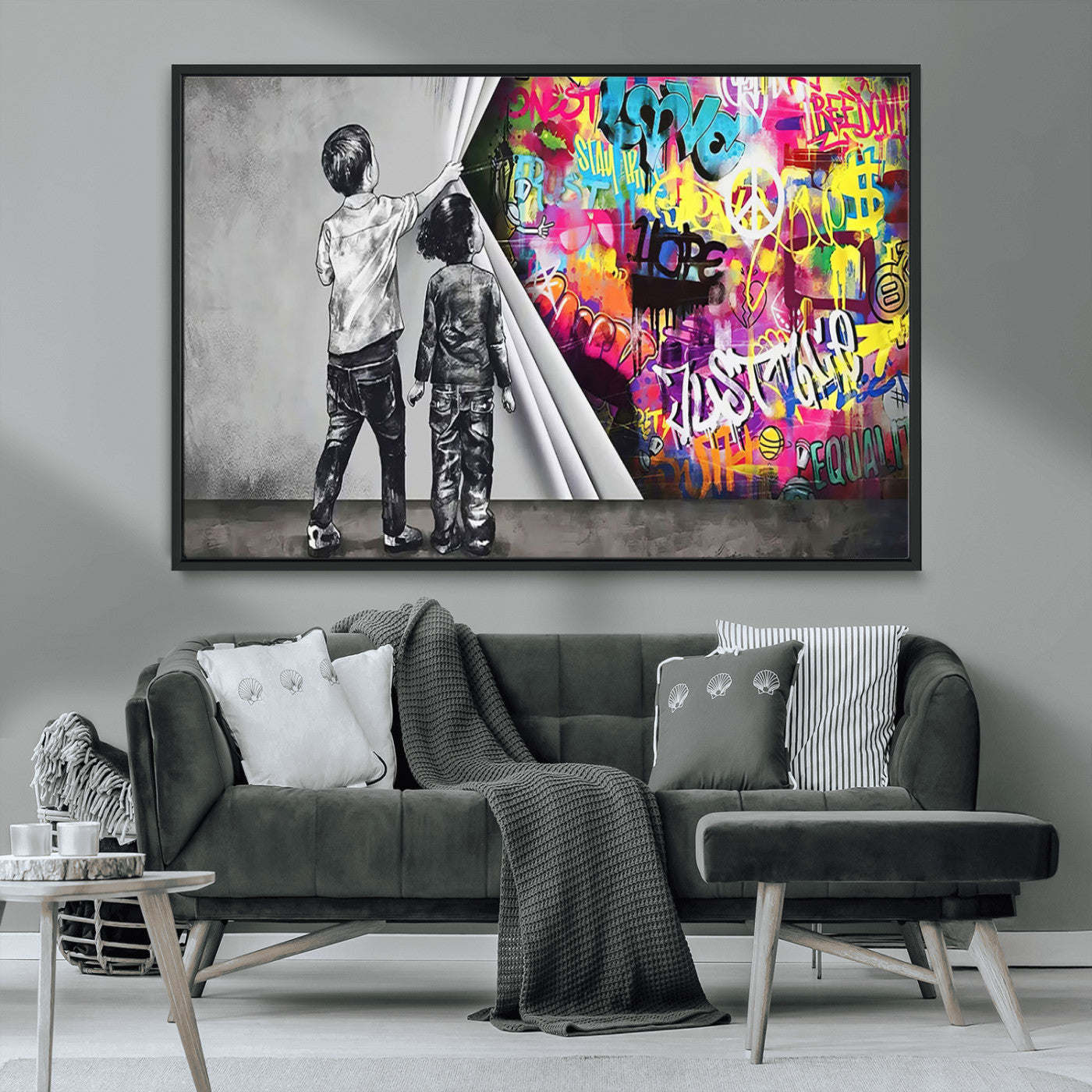 92809-MGV-CV-36X24-Banksy Print - Street Art Canvas Wall Art - Kids Revealing Graffiti, Urban Modern Decor for Living