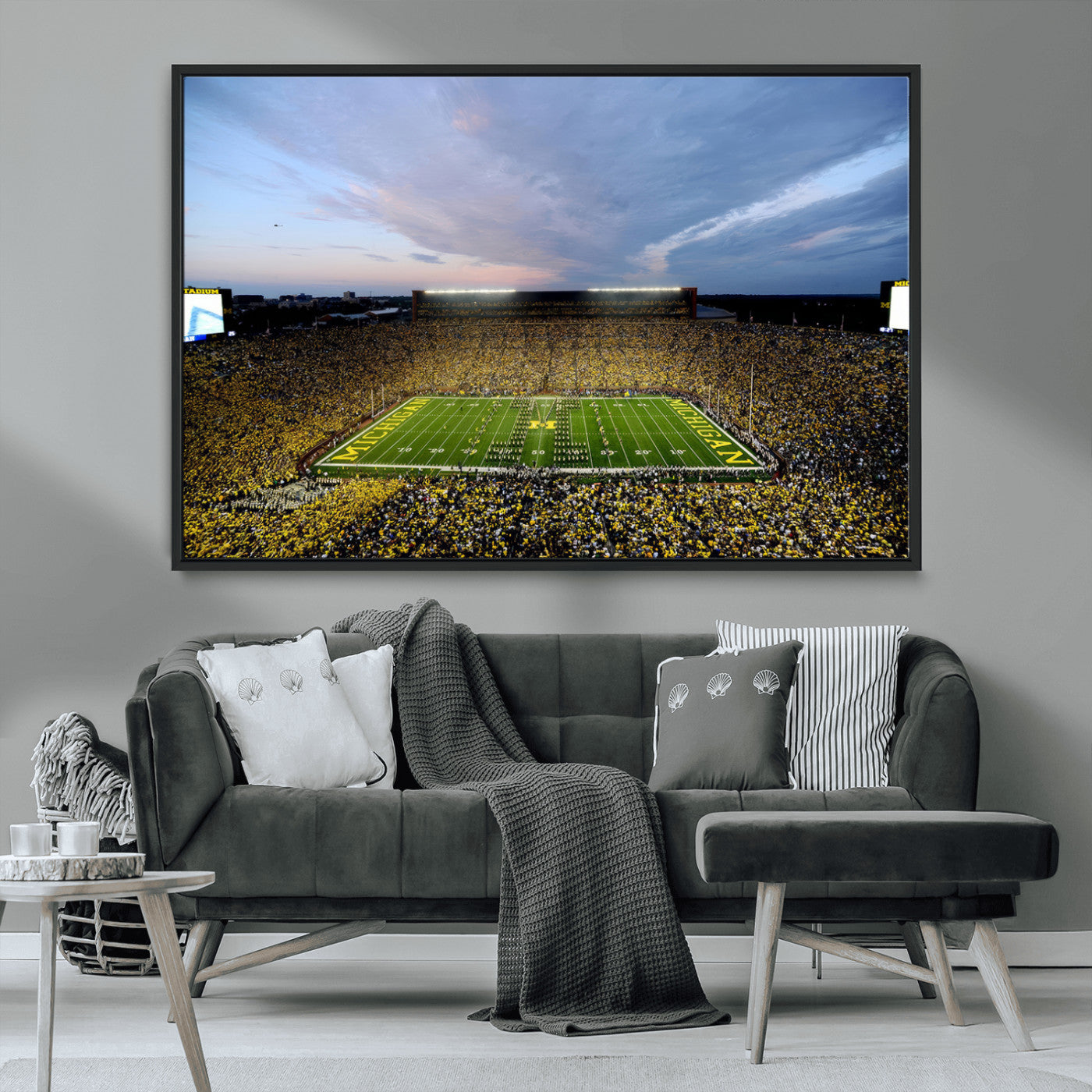 82641-MGV-CV-36X24-Michigan Stadium Wall Art Canvas Print – Framed Football Field Scene with Marching Band Artwork for Home, Office