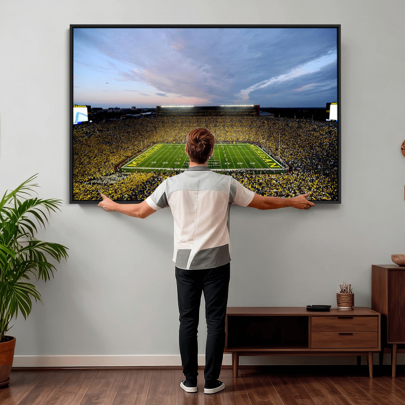 82641-MGV-CV-36X24 - Michigan Stadium Wall Art Canvas Print, Vibrant Game Day Crowd and Sunset Sky Football Field Artwork for Home, Office