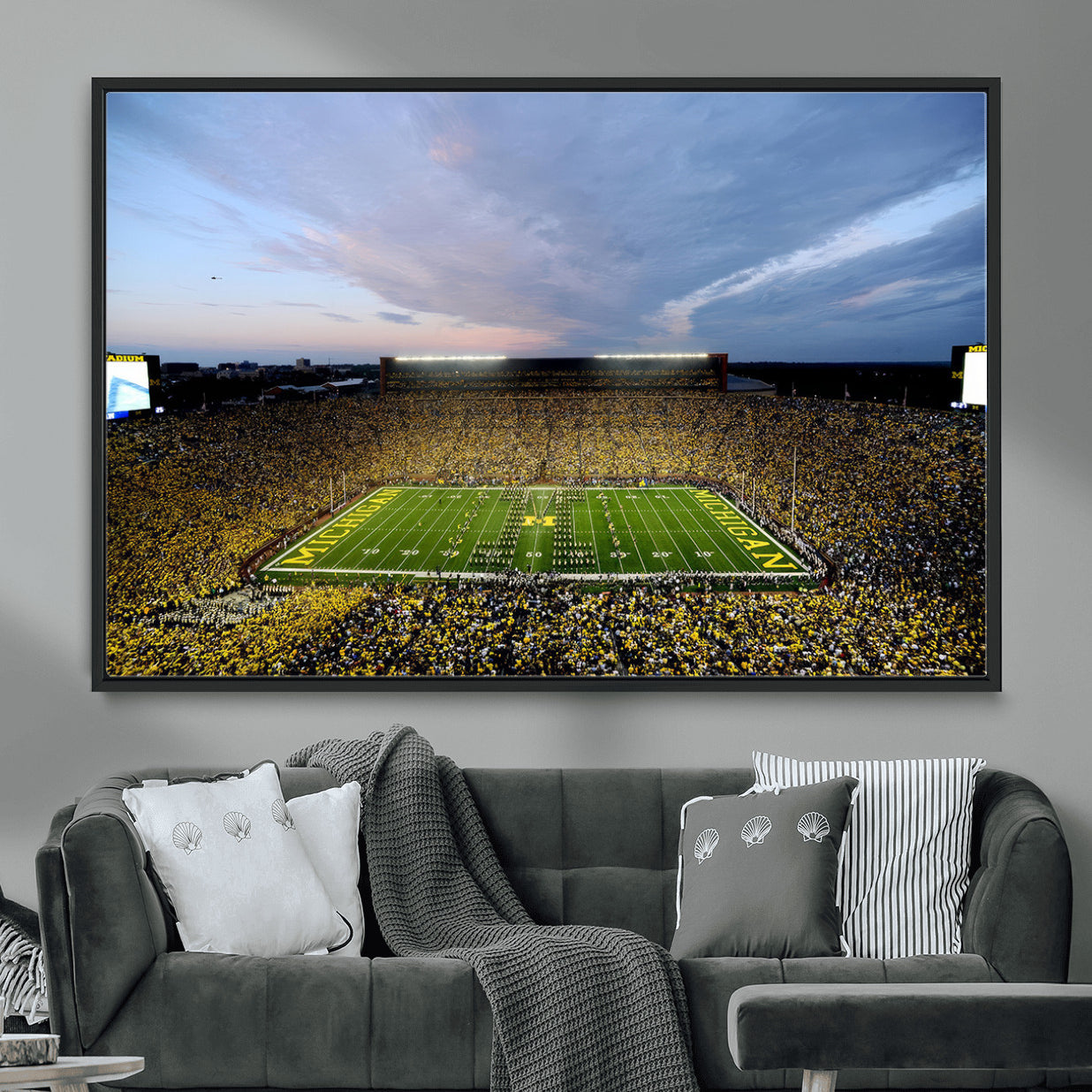 82641-MGV-FC-36X24 - Michigan Stadium Wall Art Canvas Print, Vibrant Game Day Crowd and Sunset Sky Football Field Artwork for Home, Office