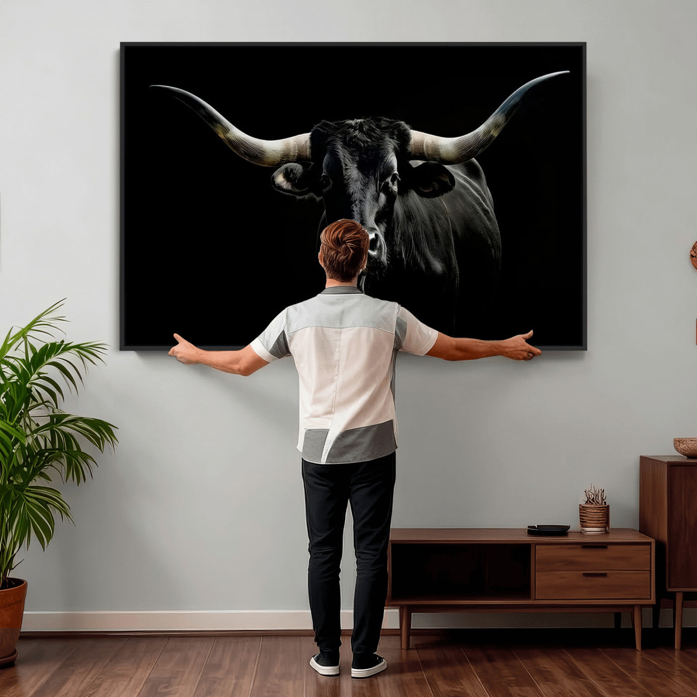 20679-MGV-CV-36X24 - Texas Black Longhorn Bull Wall Art Canvas Print - Western Texas Cattle Rustic Decor Print - Longhorn