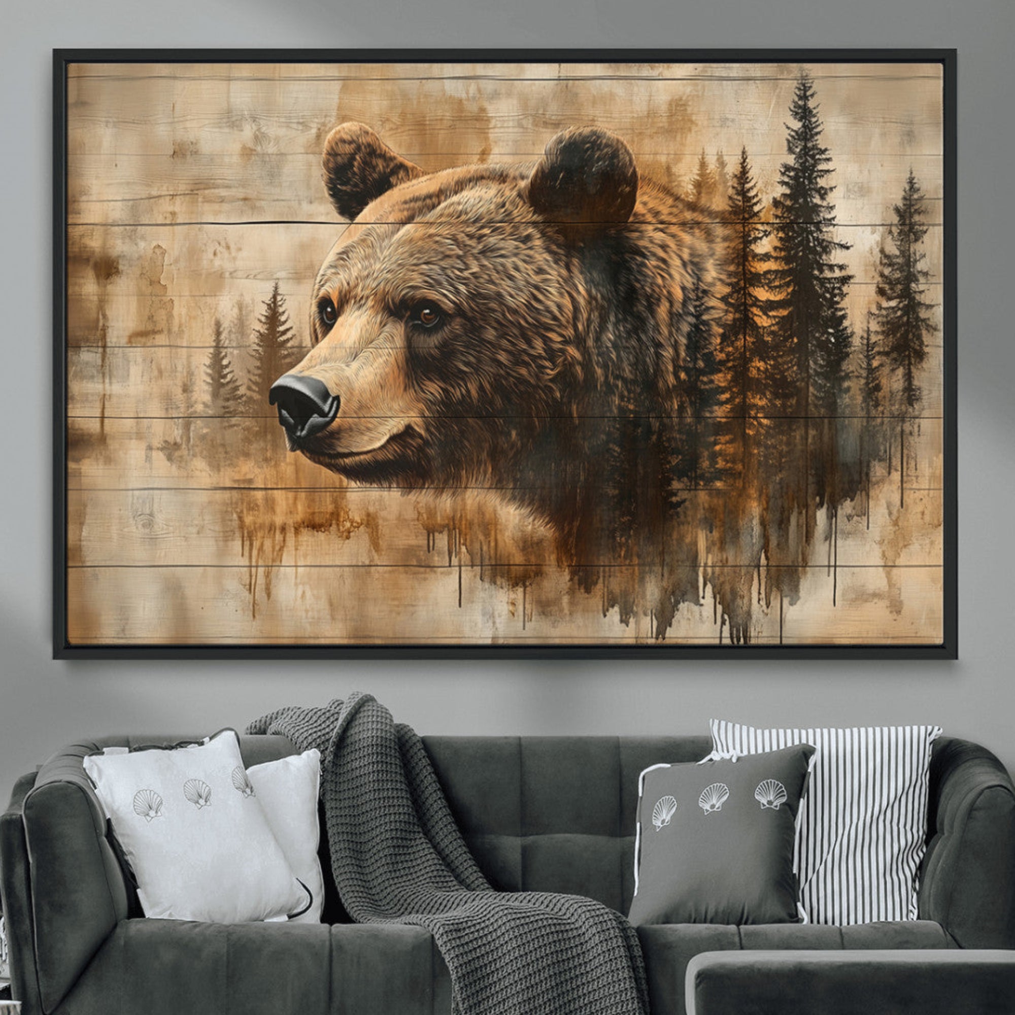 48378-MGV-CV-36X24-Rustic Grizzly Bear Wall Art, Abstract Grizzly 399 Bear Wall Art Canvas Print - Woodland Wildlife