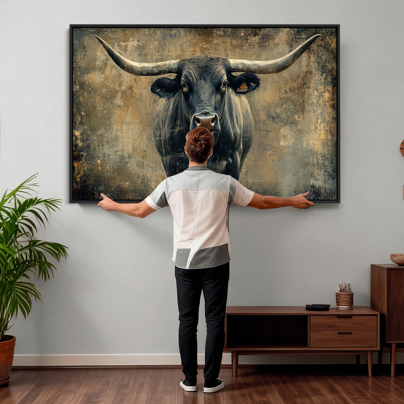 57385-MGV-CV-36X24 - Longhorn Bull Wall Art Canvas Print, Framed Rustic Cow Art Picture Print, Texas Longhorn Perfect Western Decor Artwork
