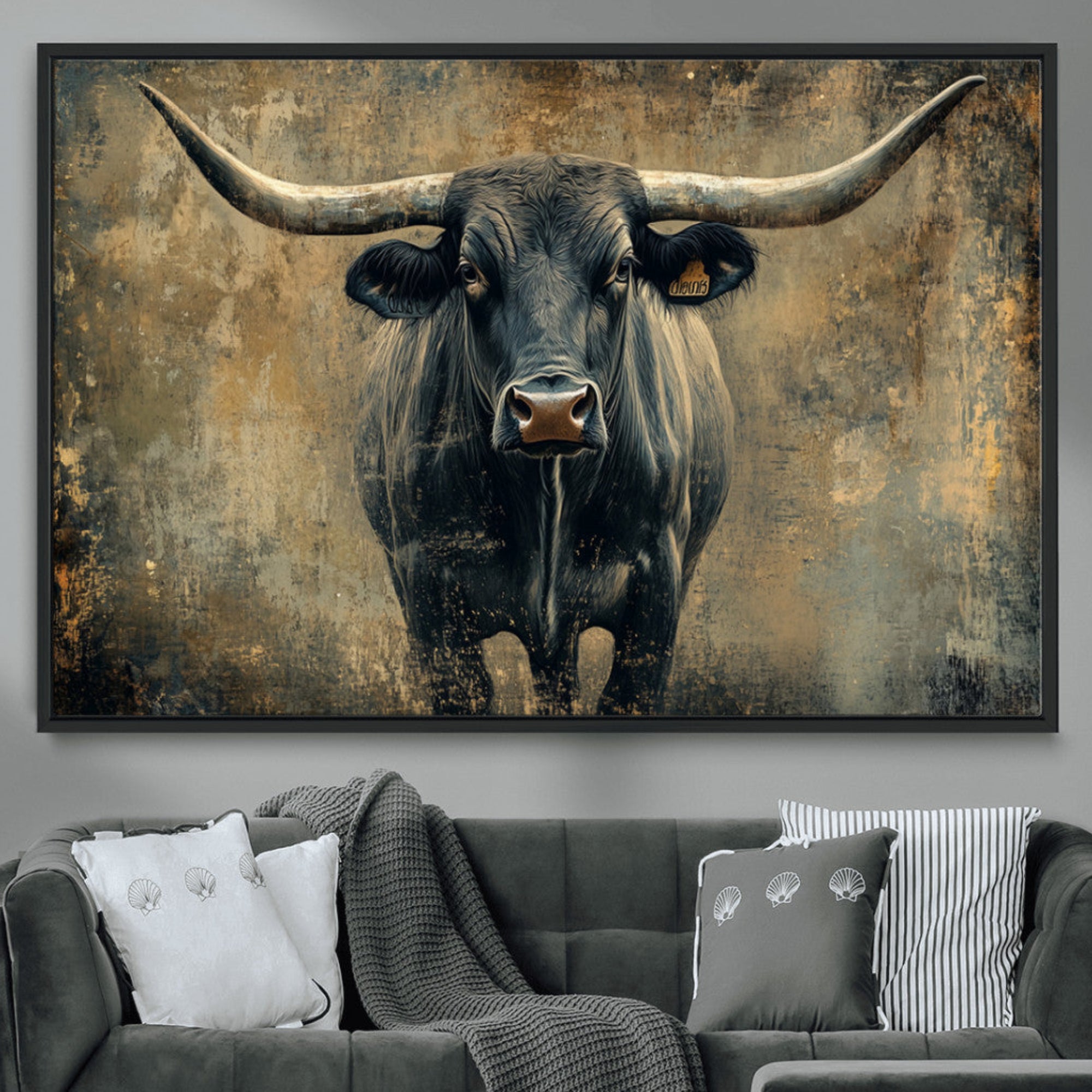 57385-MGV-CV-36X24-Texas Longhorn Bull Wall Art – Framed Rustic Cow Canvas Print, Western Farmhouse Decor Artwork for Living Room or Office