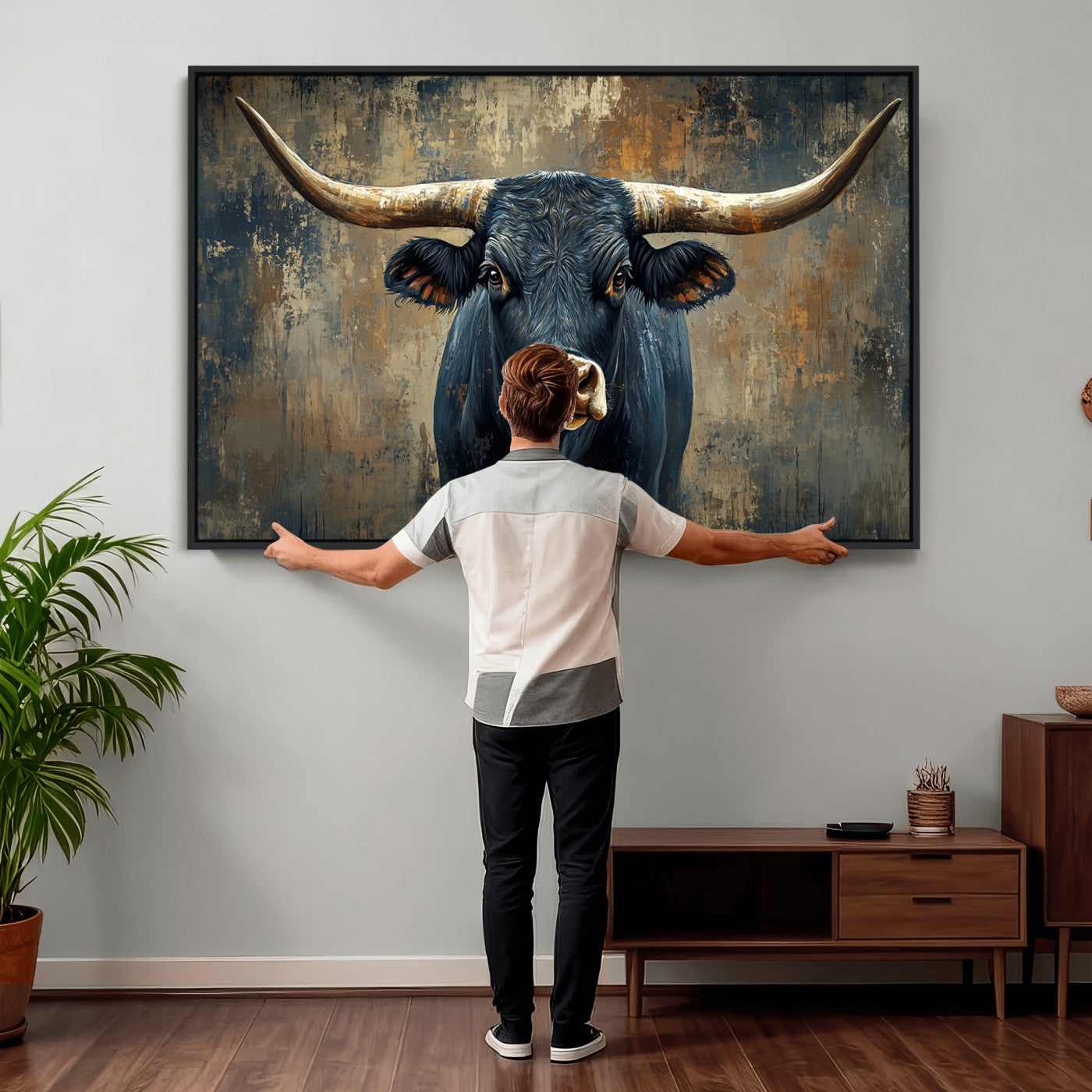 42026-MGV-CV-36X24 - Texas Western Wall Art Canvas Print - Abstract Cow Longhorn Bull Wall Art Canvas Print - Rustic Cow