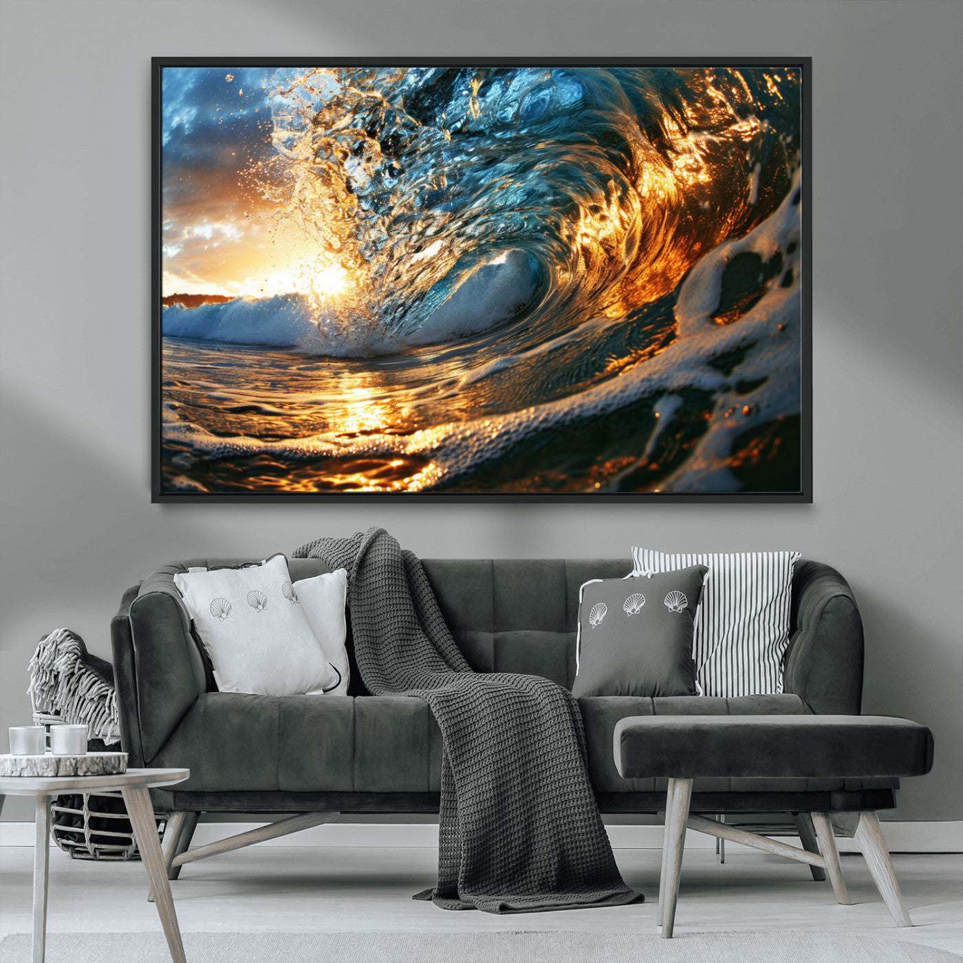41370-MGV-CV-36X24-Ocean Wave at Sunset Canvas Wall Art – Vibrant Coastal Beach Waves Print, Large Nautical Decor,