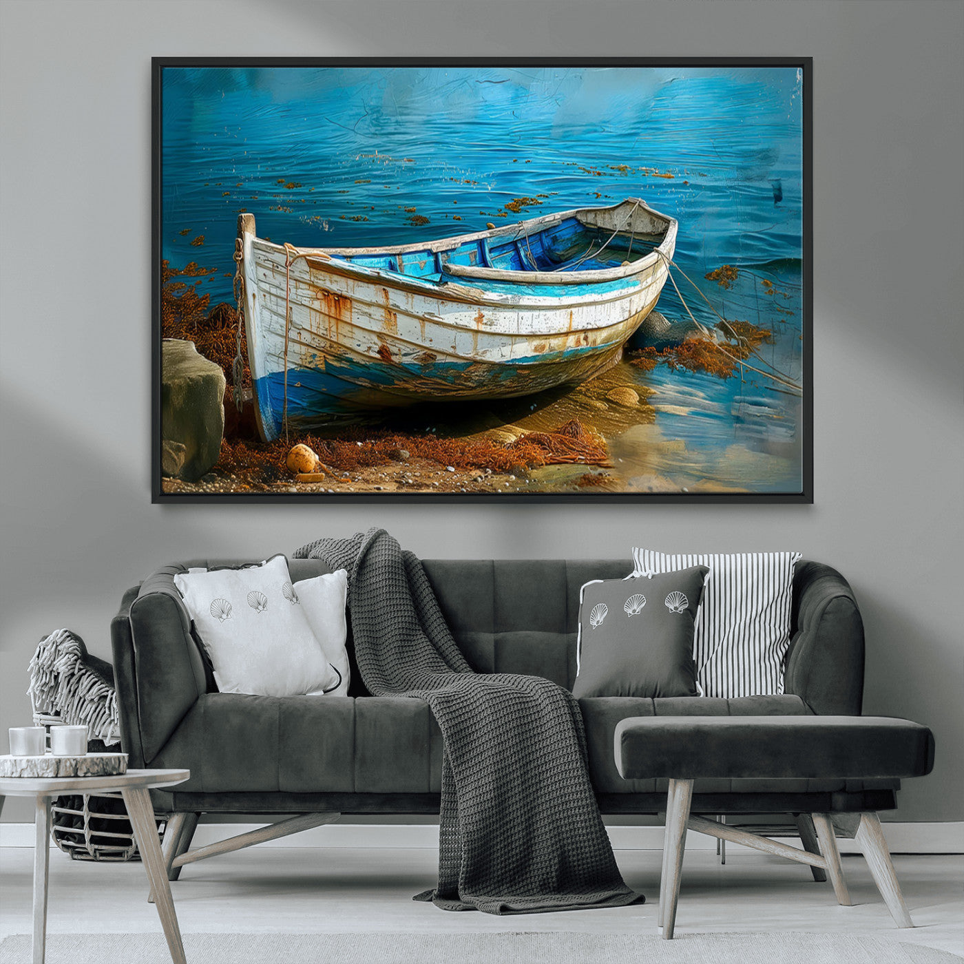 54716-MGV-CV-36X24-Vintage Boat on Tranquil Waters | Coastal Wall Art for Nautical Decor | Rustic Triptych Canvas Print