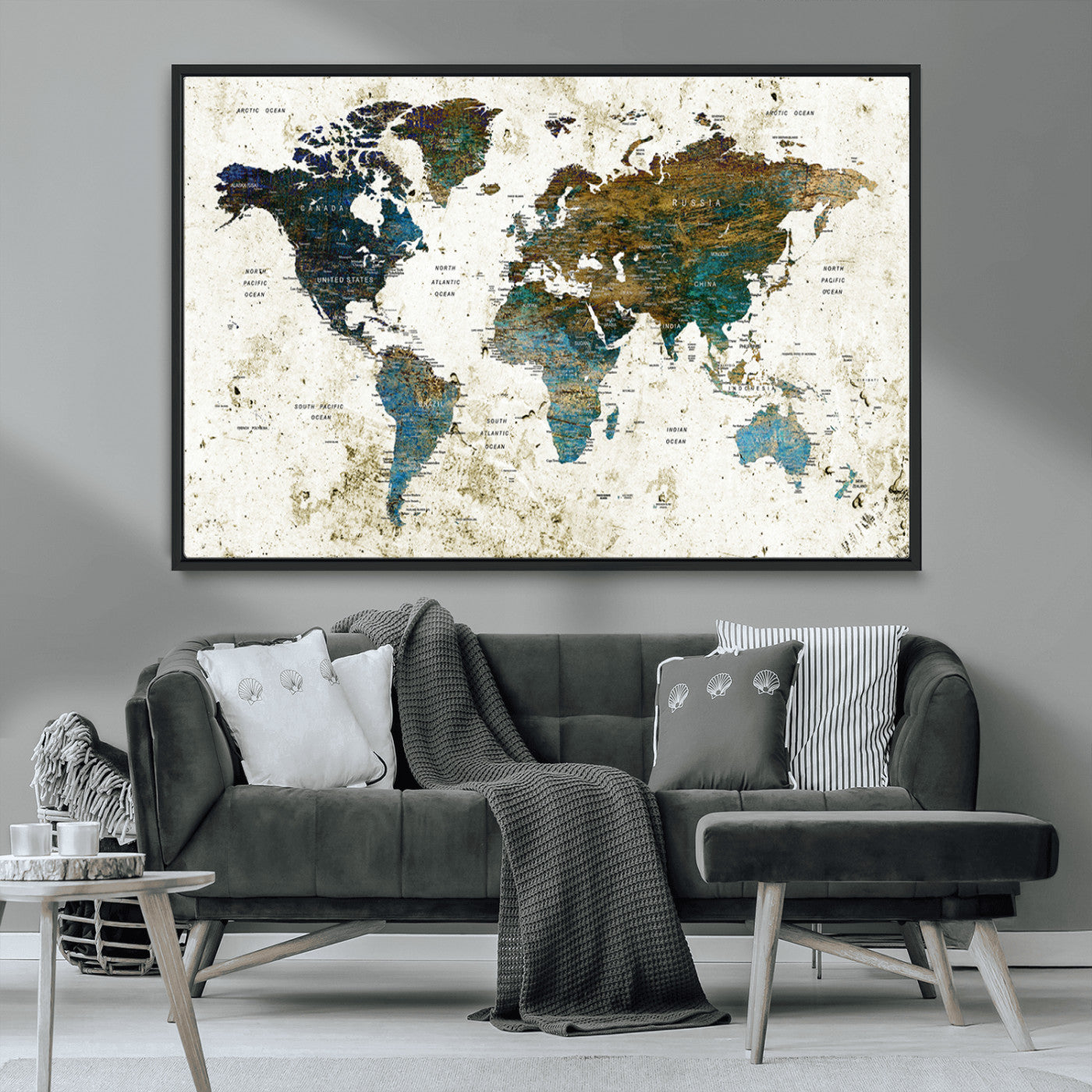 89176-MGV-CV-36X24-Vintage Blue and Brown World Map Canvas Wall Art – Framed Rustic Map Print, Earth Tone Travel Decor for Stylish Home and Office Walls