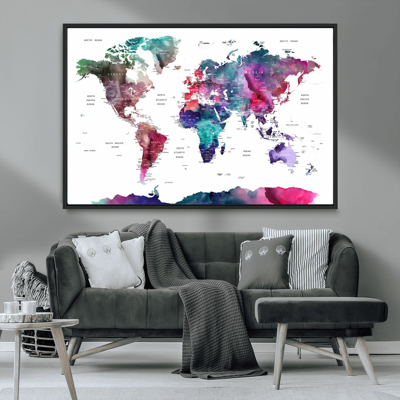 78176-MGV-CV-36X24-Colorful Watercolor World Map Canvas Wall Art – Framed Modern Map Print, Vibrant Travel Inspired Artwork for Home and Office Decor