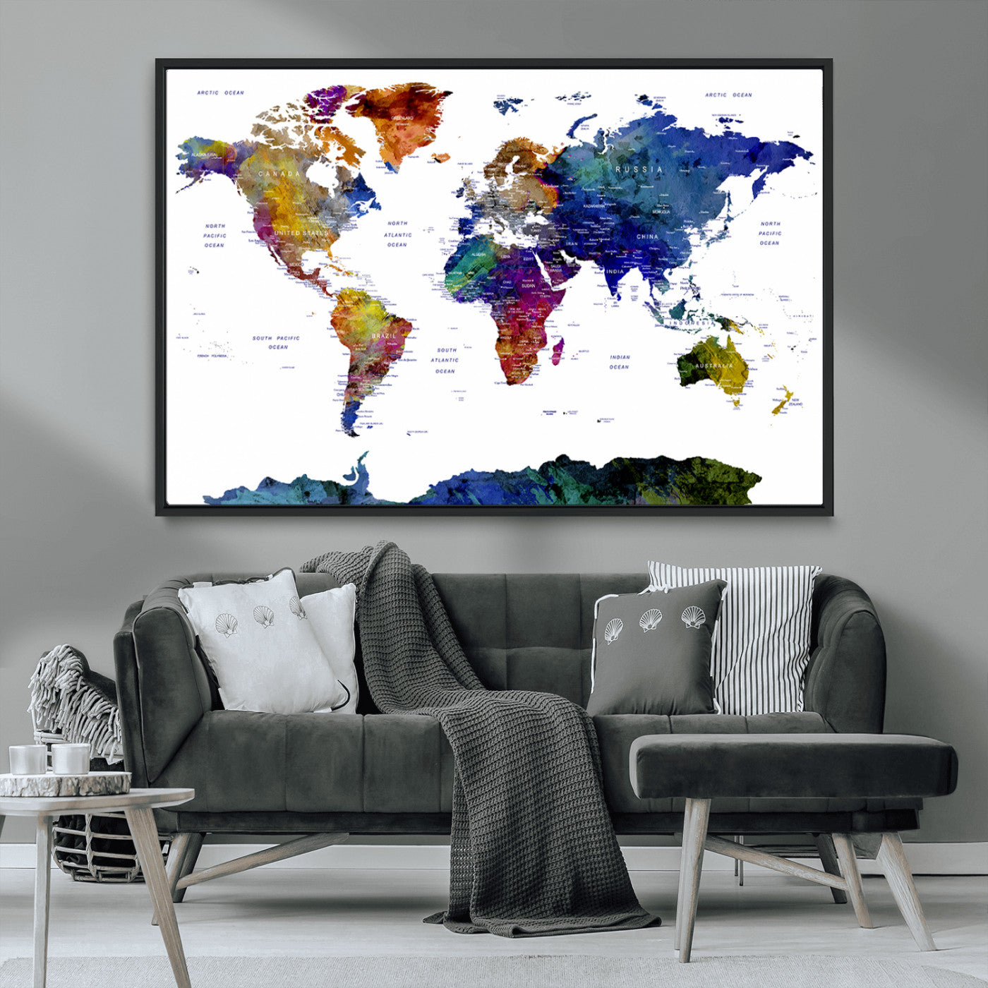 90446-MGV-CV-36X24-Colorful Watercolor World Map Canvas Wall Art – Framed Modern Push Pin Travel Map for Home and Office Decor
