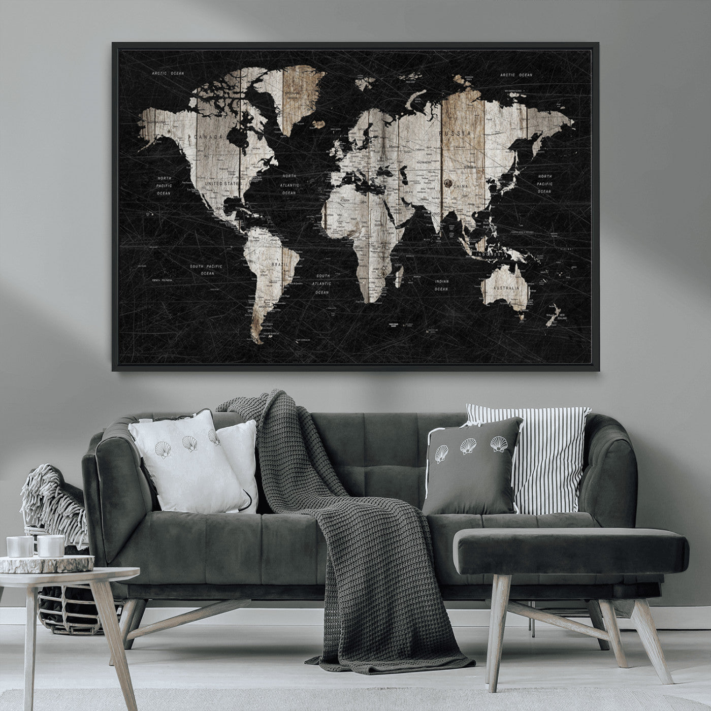 49500-MGV-CV-36X24-Push Pin World Map Canvas Print – Framed Travel Map Wall Art for Couples, Anniversary Gift, Modern Home or Office Decor