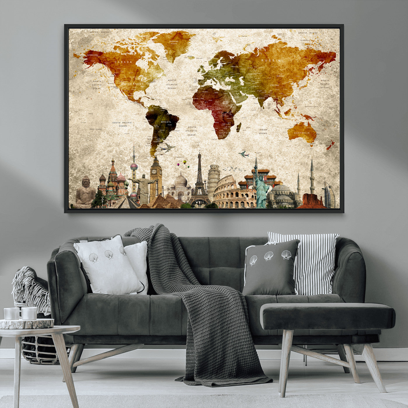 -Push Pin World Map Canvas Print – Framed Travel Map Wall Art for Couples, Anniversary Gift, Modern Home or Office Decor