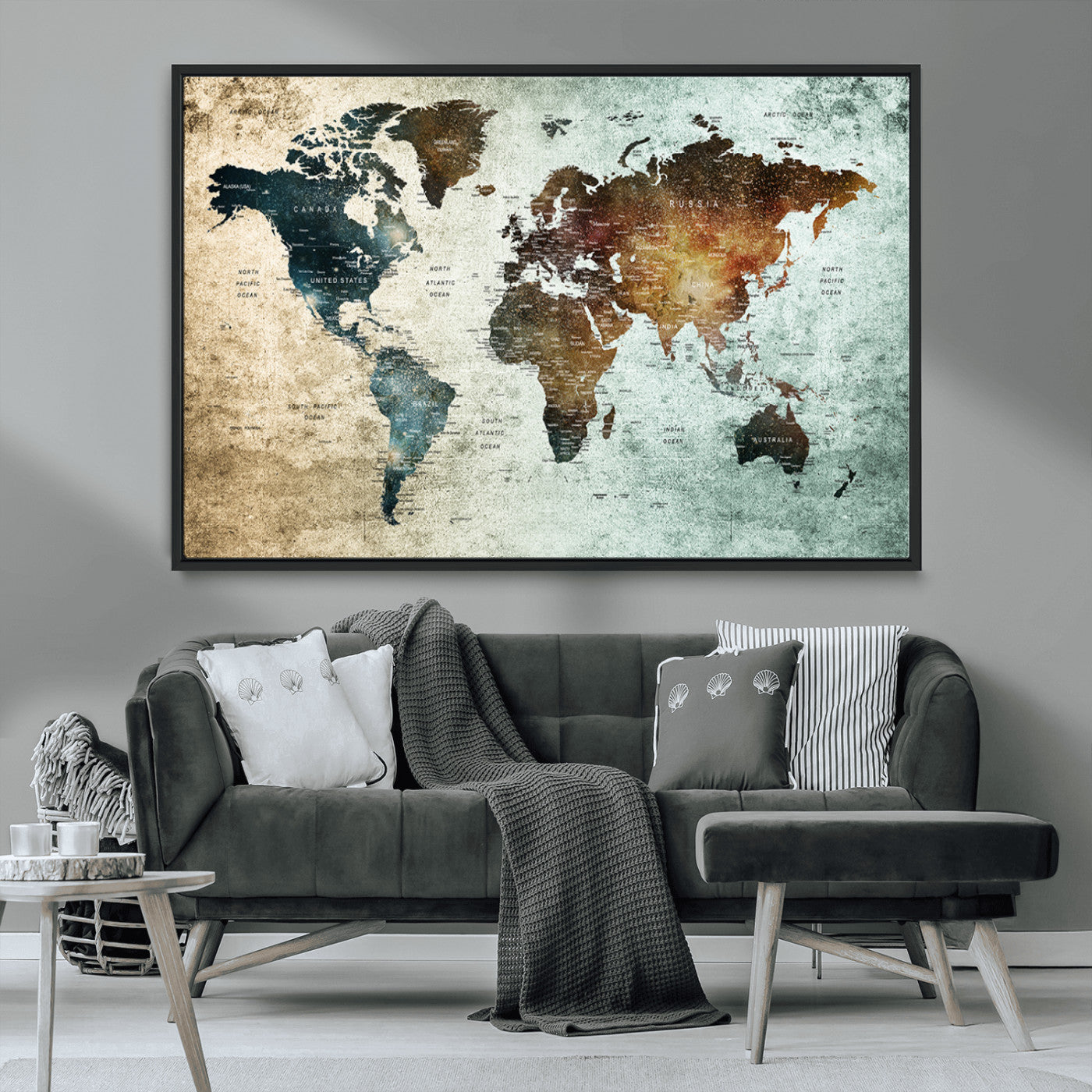 25140-MGV-CV-36X24-World Map Canvas Print – Framed Vintage Style Push Pin Wall Art, Elegant Travel Map Decor for Home or Office