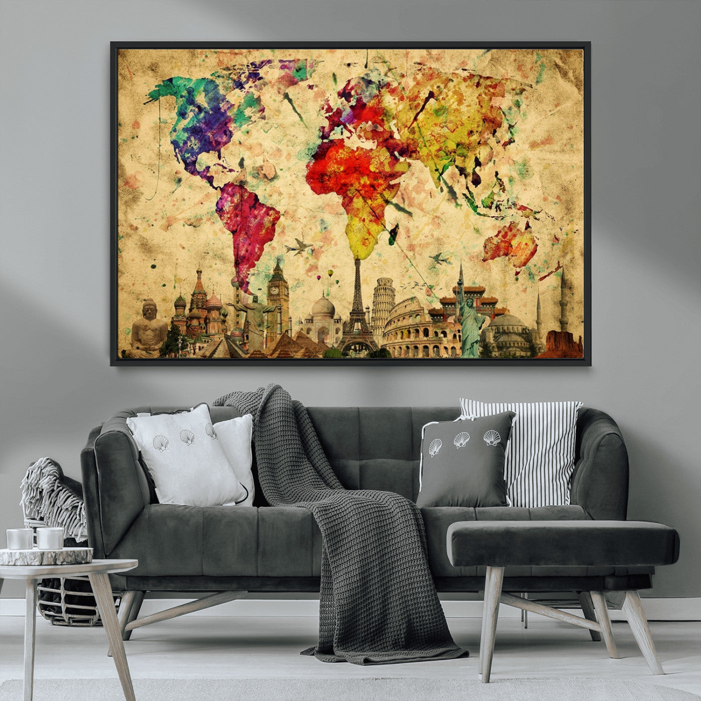 24467-MGV-CV-36X24-Colorful Watercolor World Map Canvas Wall Art – Framed Landmark Travel Map Print, Vibrant Global Artwork for Home and Office Decor