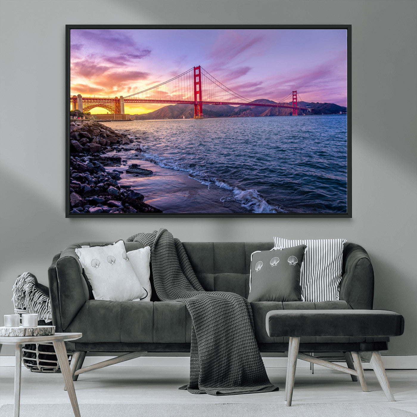 -Golden Gate Bridge Wall Art Canvas Print – Framed San Francisco Sunset Scene with Cityscape Artwork for Home, Office