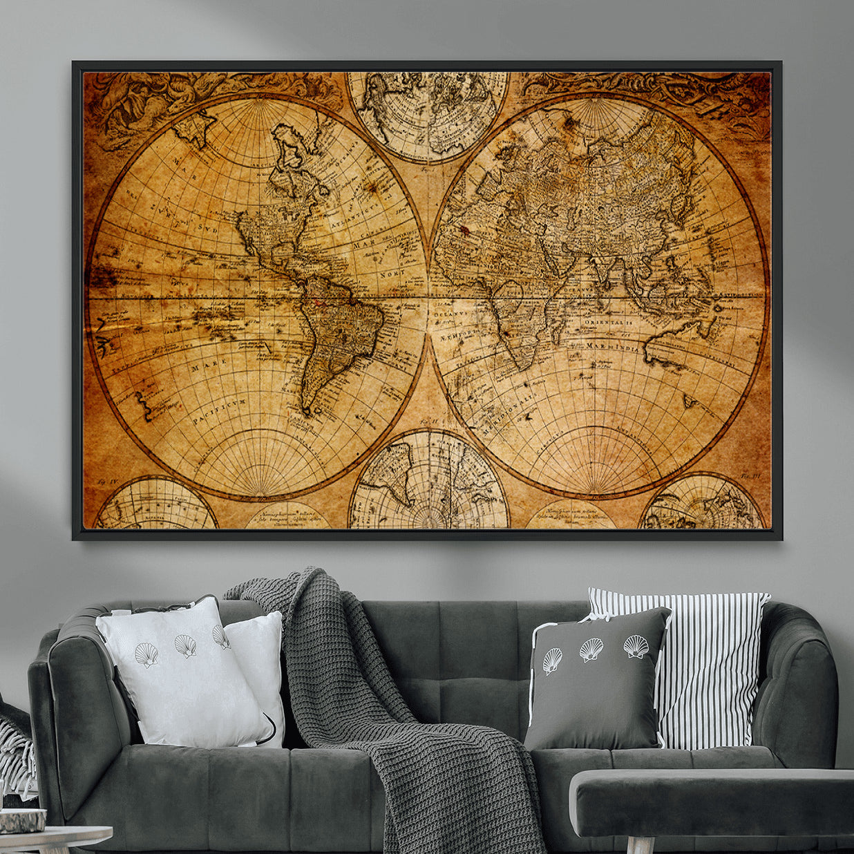 25517-MGV-FC-36X24 - Vintage World Map Canvas Print – Antique Push Pin Travel Map, Framed Wall Art for Home or Office Decor