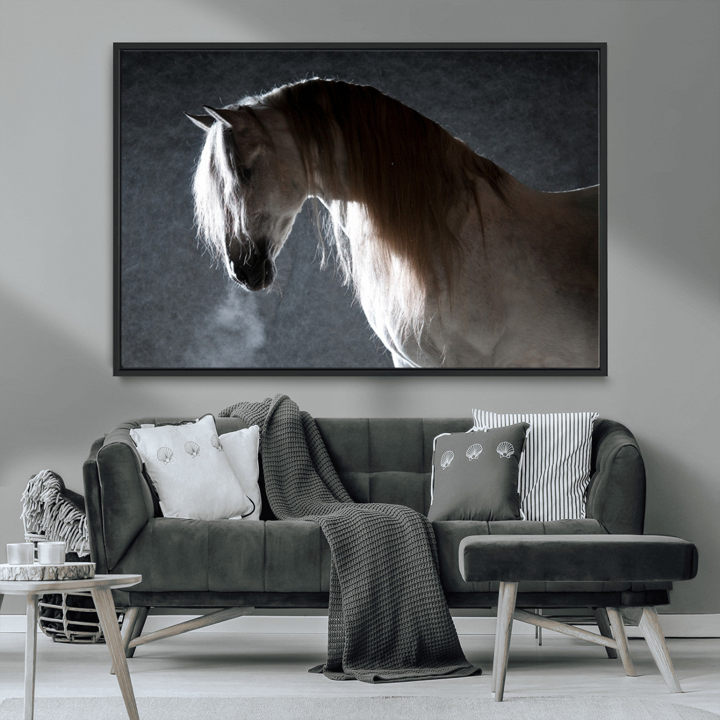 -Large Wall Art Cream Colored Horse on Grey Background Canvas Print