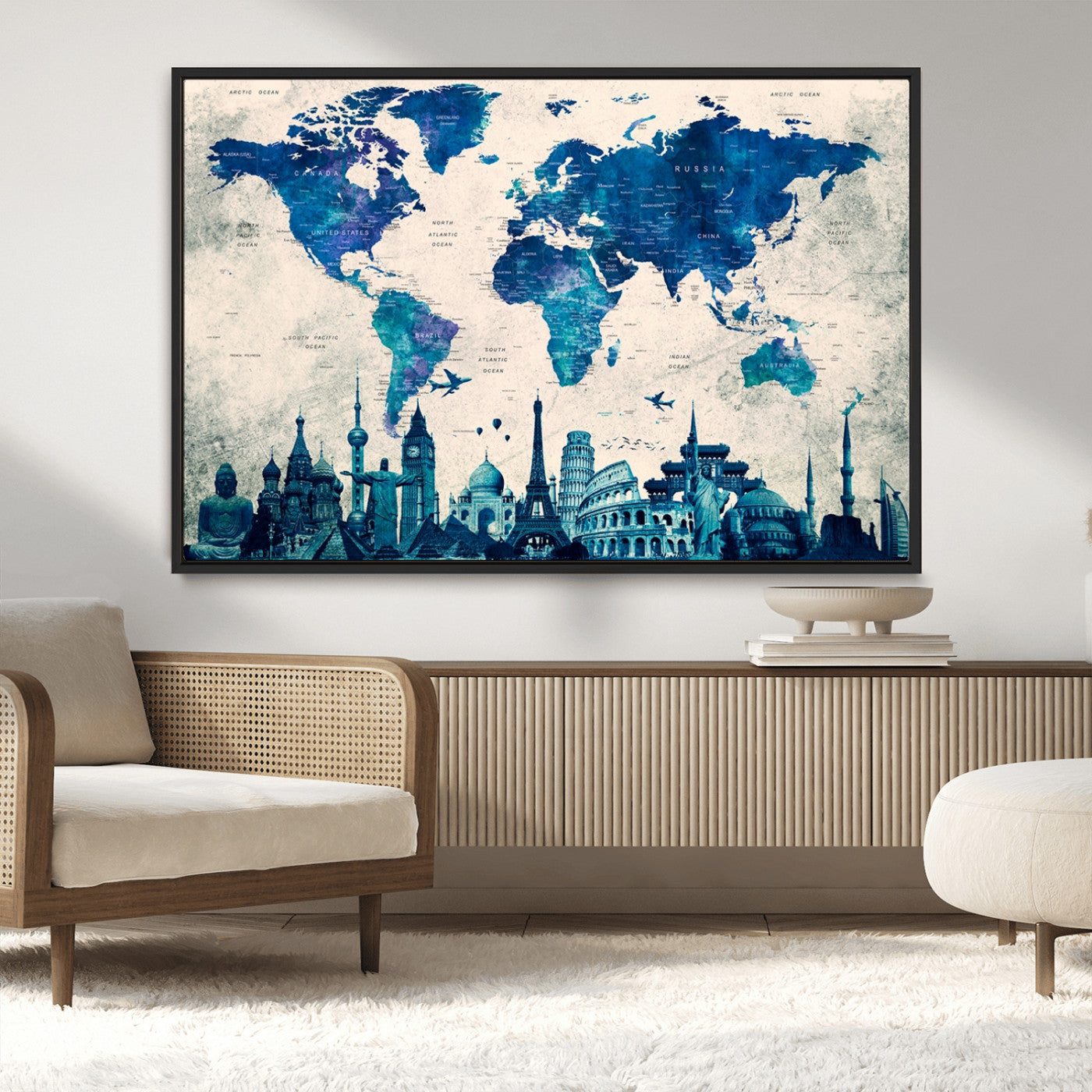 -Navy Blue World Map Canvas Print – Framed Push Pin Travel Map Wall Art, Elegant Adventure Decor for Home or Office