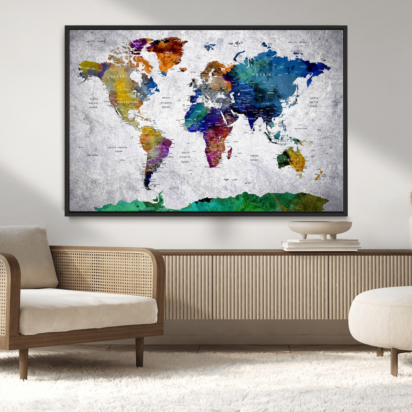 26840-MGV-CV-36X24-Push Pin World Map Canvas Print – Framed Travel Tracker Wall Art for Couples, Anniversary Gift and Modern Home Decor