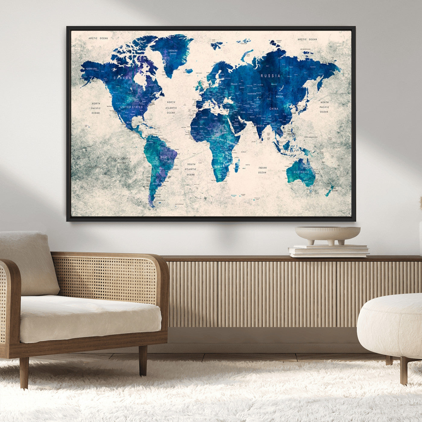43947-MGV-CV-36X24-Blue Watercolor World Map Canvas Print – Framed Modern Wall Art, Elegant Push Pin Travel Map Decor for Home Office or Living Room