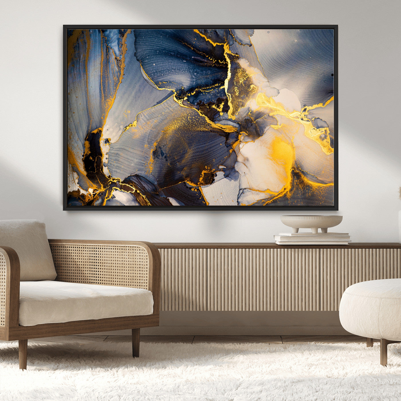42100-MGV-CV-36X24-Large Abstract Wall Art Print - Gold and Blue Abstract Canvas Wall Art | Fluid Ink Modern Luxury