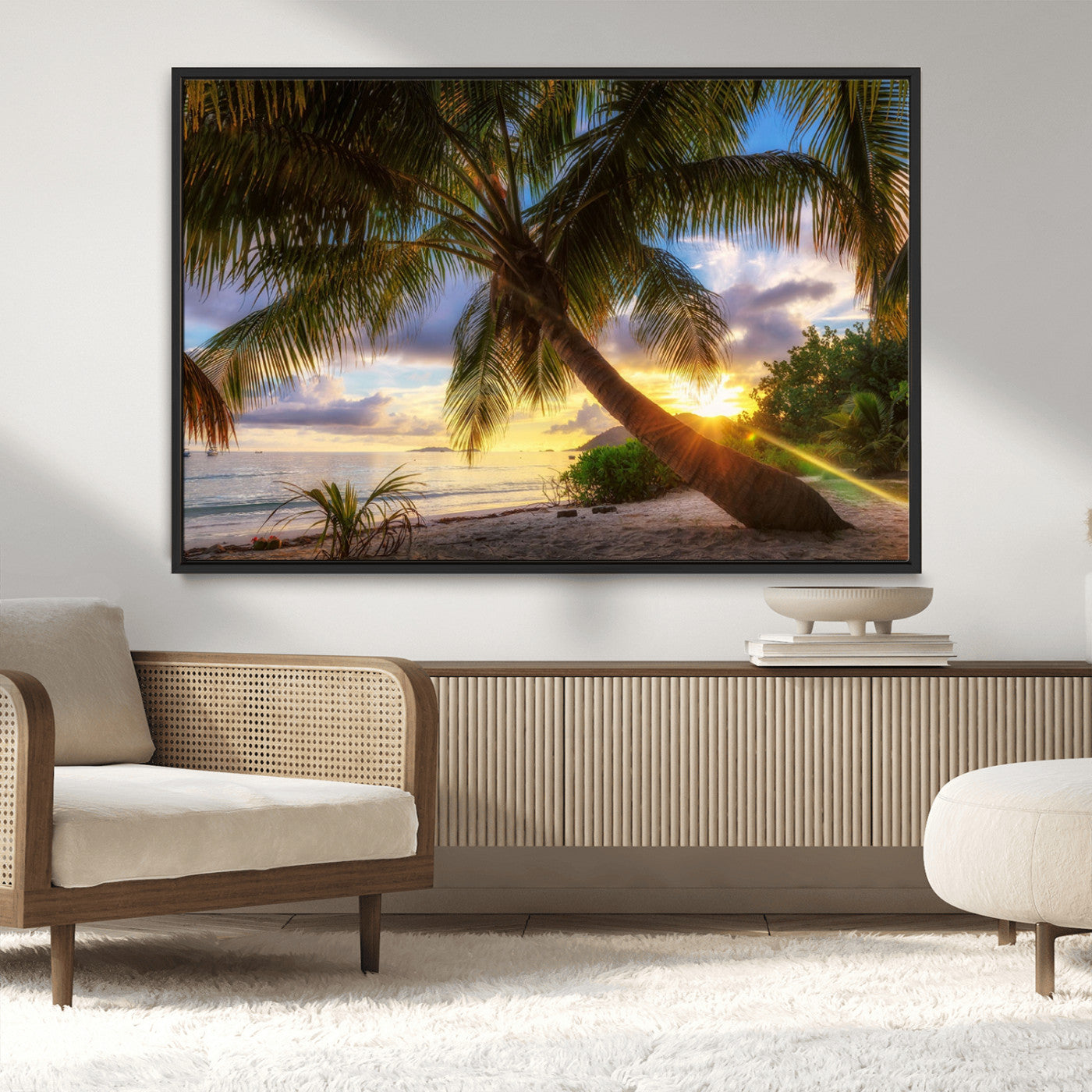 -Tropical Island Sunset on the Beach Palms Wall Art Canvas Print