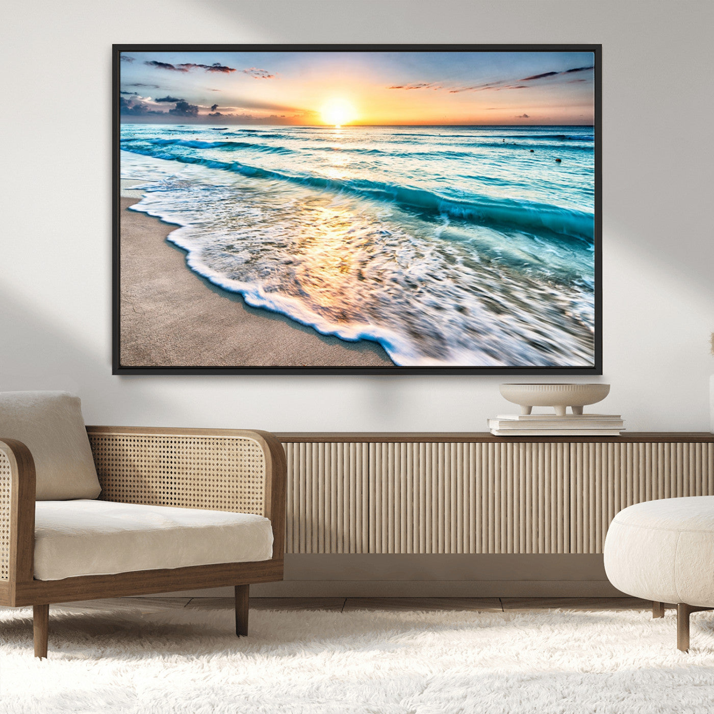 27815-MGV-CV-36X24-Sunset Beach Waves Canvas Wall Art – 5-Panel Ocean Sunset Print – Coastal Decor for Living Room or