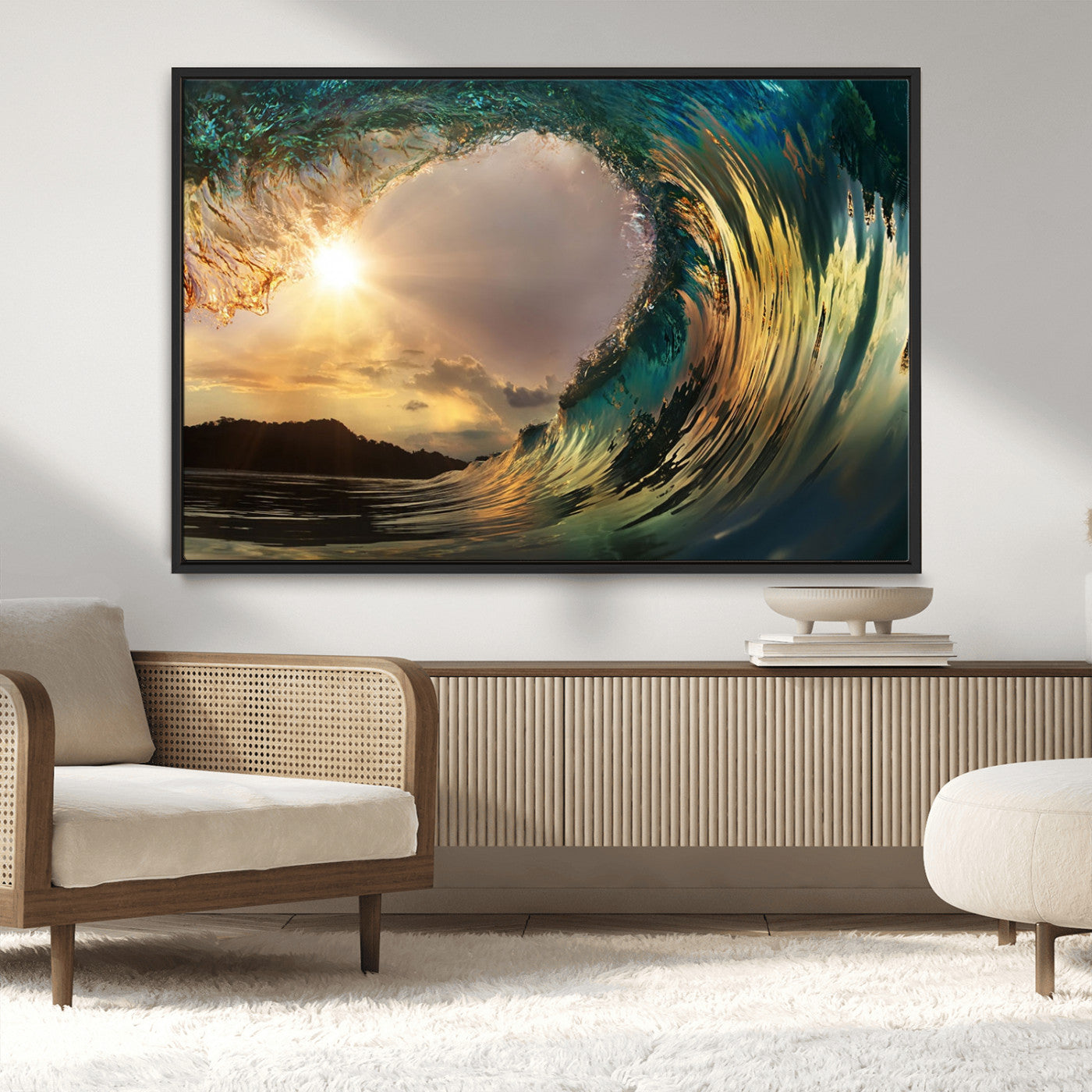 -Golden Wave Sunset Canvas Print – Large Coastal Wall Art for Nature Lovers, Captivating Ocean Wave