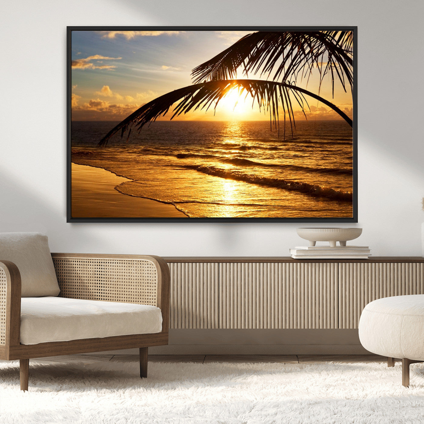 -Golden Tropical Beach Sunset Canvas Triptych, Coastal Palm Tree Wall Art, Ocean Shoreline Giclee