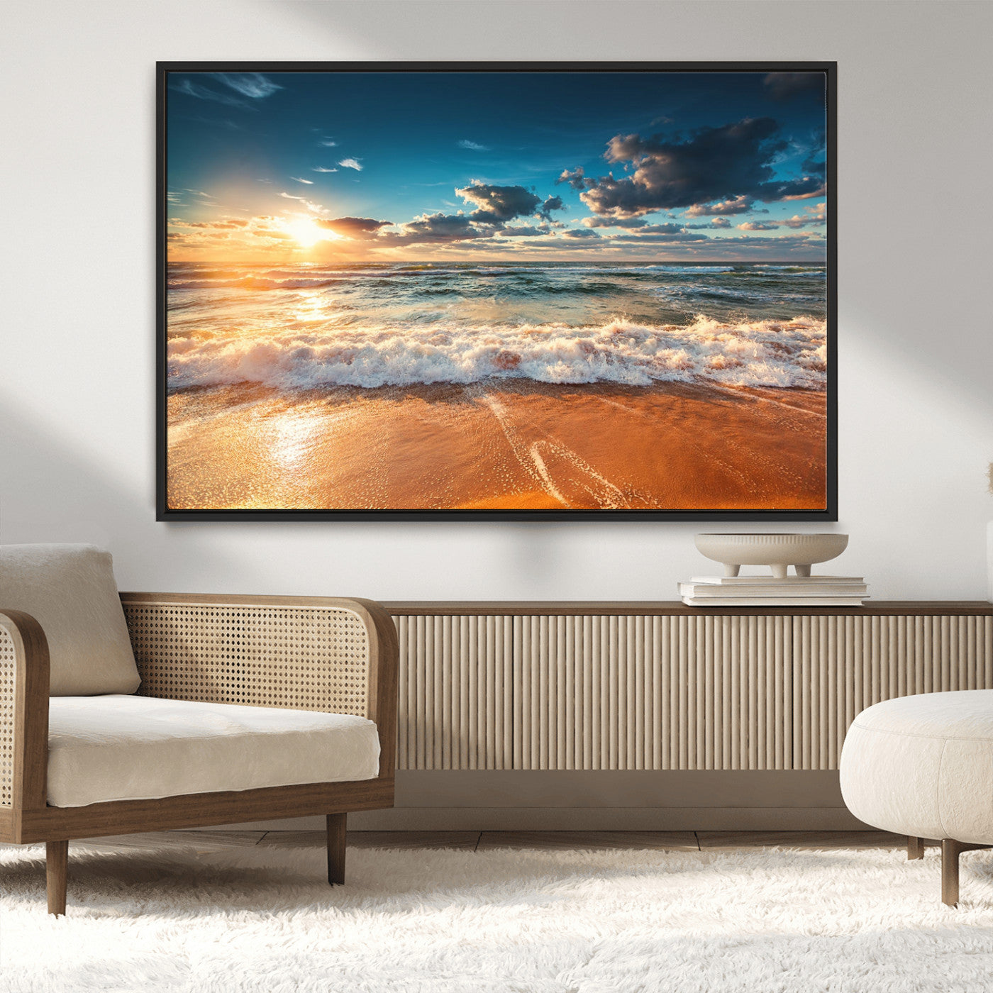 -Golden Sunset Beach Triptych Canvas Art, Giclee Coastal Wall Decor, Ocean Waves Print, Modern Beach