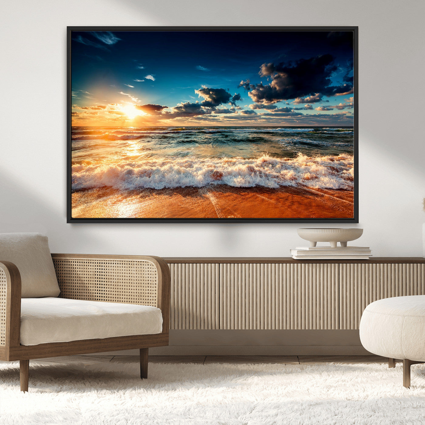 26996-MGV-CV-36X24-Golden Hour Sunset Over Ocean Waves Wall Art Canvas Print | 3 Panel Coastal Landscape Canvas Wall
