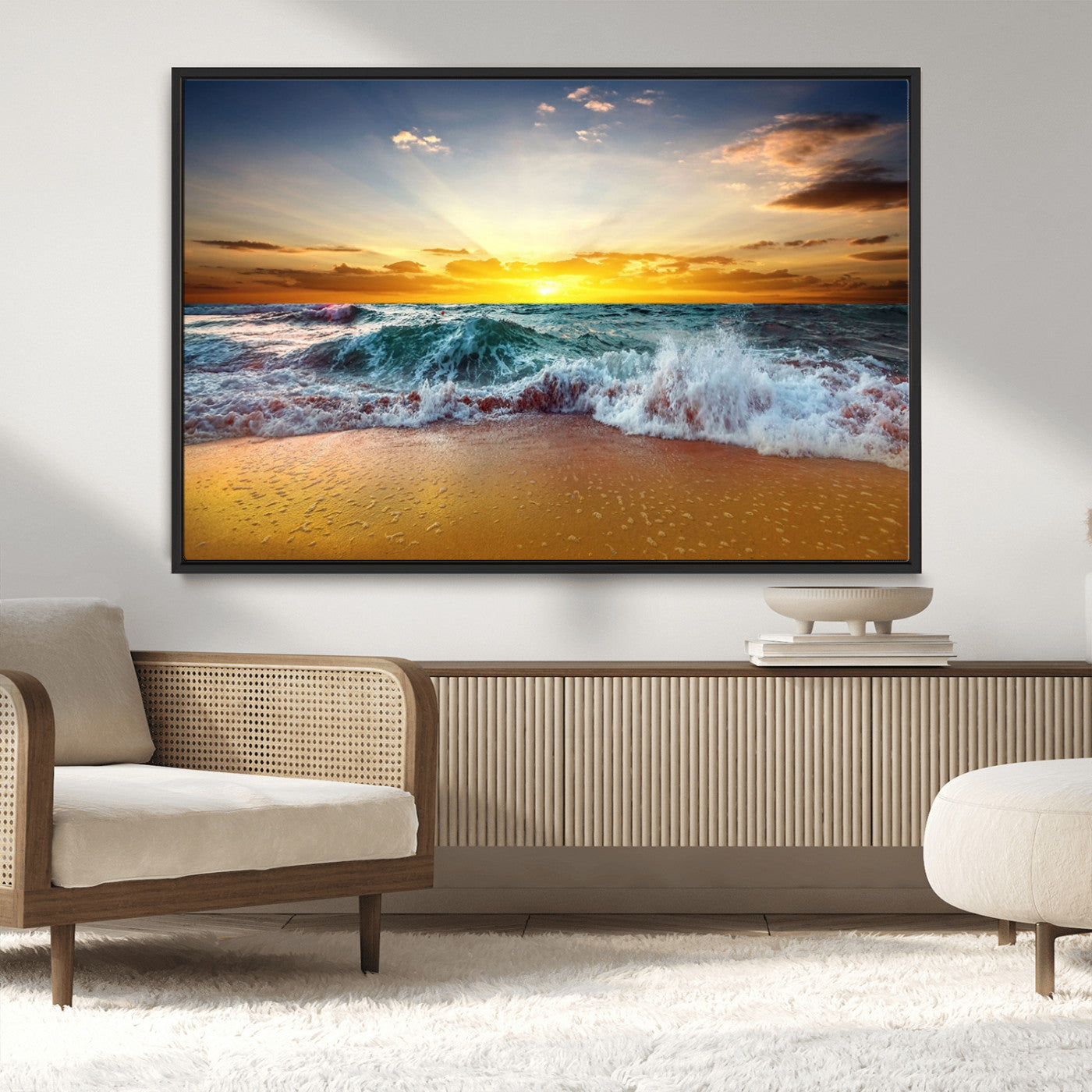-Golden Sunset Ocean Waves Wall Art Canvas Print – Multi Panel Beach Canvas Print Set – Large Coastal