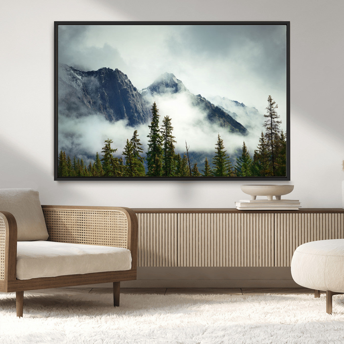 -Mountain Mist Canvas Wall Art Print | 3-Panel Foggy Forest and Mountain Landscape | Large Giclee