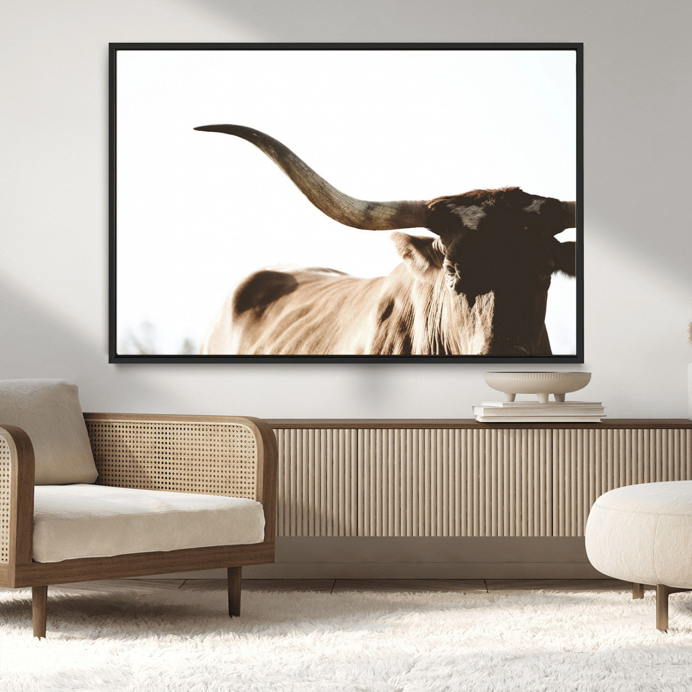 -Texas Longhorn Wall Art Canvas Print | 3-Panel Large Longhorn Canvas Print for Living Room, Framed