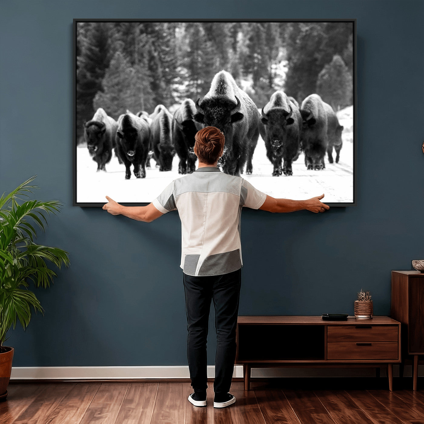 62434-MGV-CV-36X24 - Bison Herd in Snow Wall Art Canvas Print | Rustic Western Bison Wall Art for Decor for Living Room,