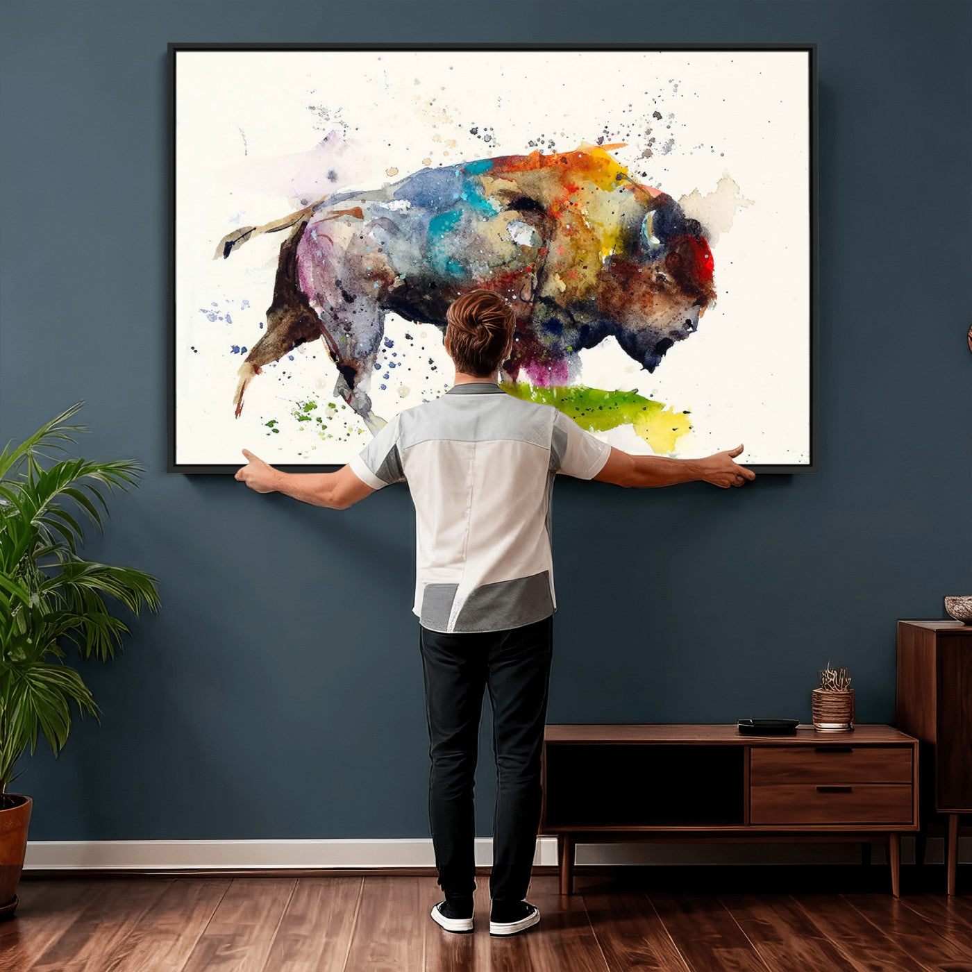 44504-MGV-CV-36X24 - Abstract Buffalo Wall Art, Western Watercolor Bison Canvas Print, Rustic Buffalo Art for Cowboy and