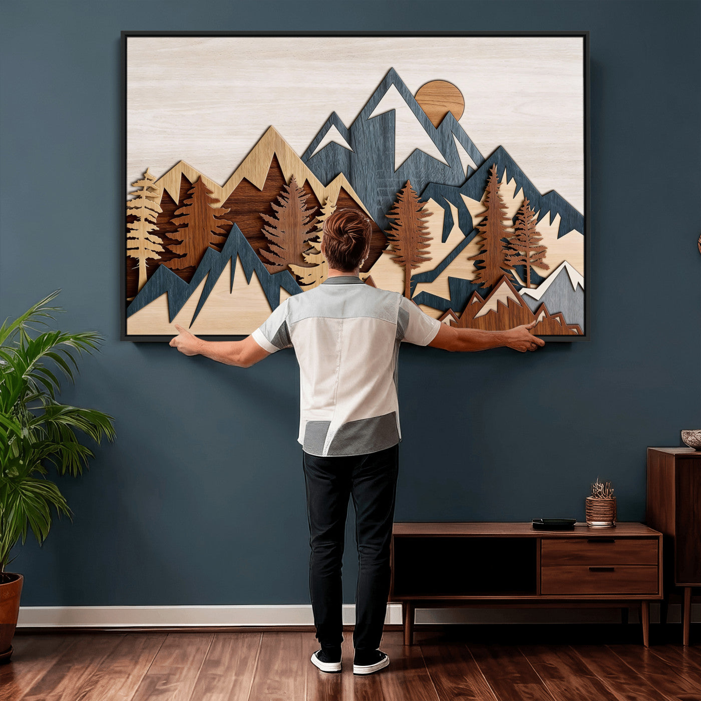 67950-MGV-CV-36X24 - Rustic Abstract Wood Panel Effect Canvas Mountain Range Top Wood Wall Art Canvas Print
