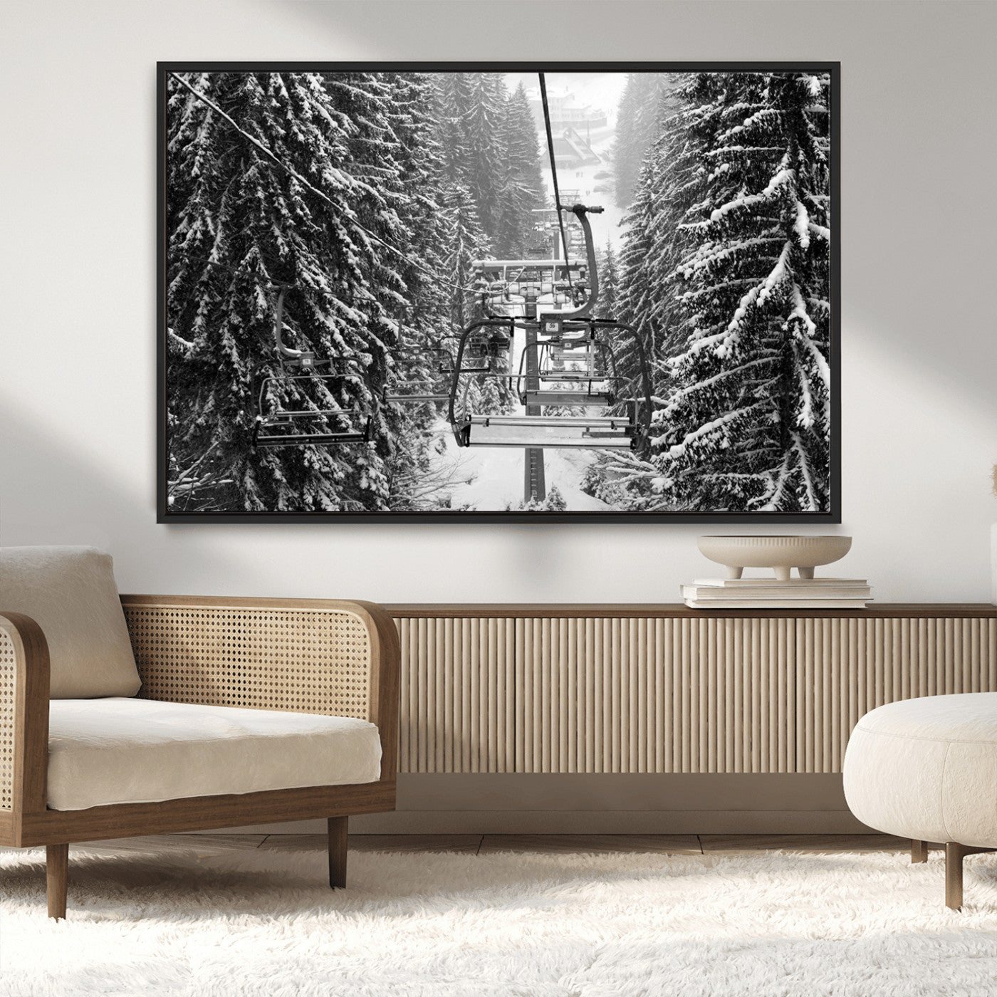 19240-MGV-CV-36X24-Winter Ski Lift Black and White Canvas Wall Art – Alpine Escape in Minimalist Style – Winter Ski