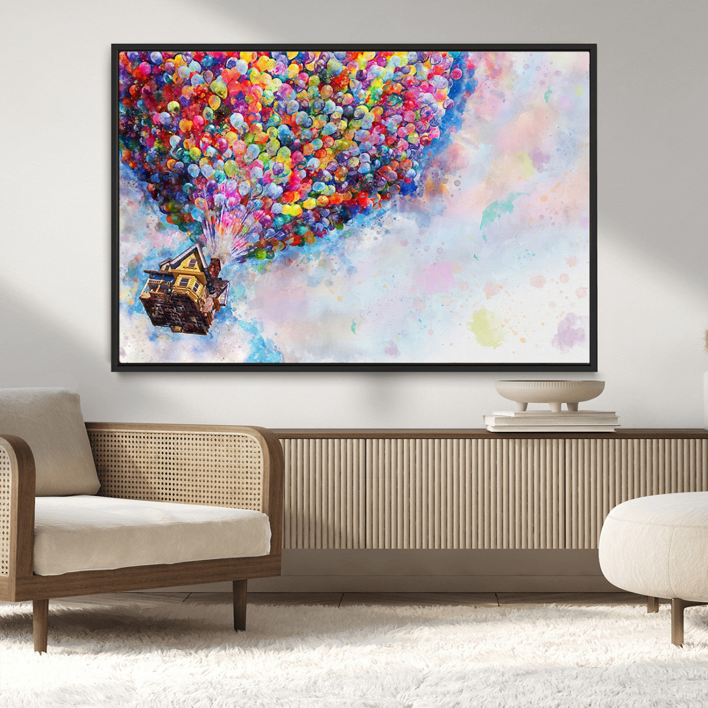 29167-MGV-CV-36X24-Don't Look Up Movie Canvas Wall Art - Vibrant Floating House and Balloons Scene, Tribute to Iconic