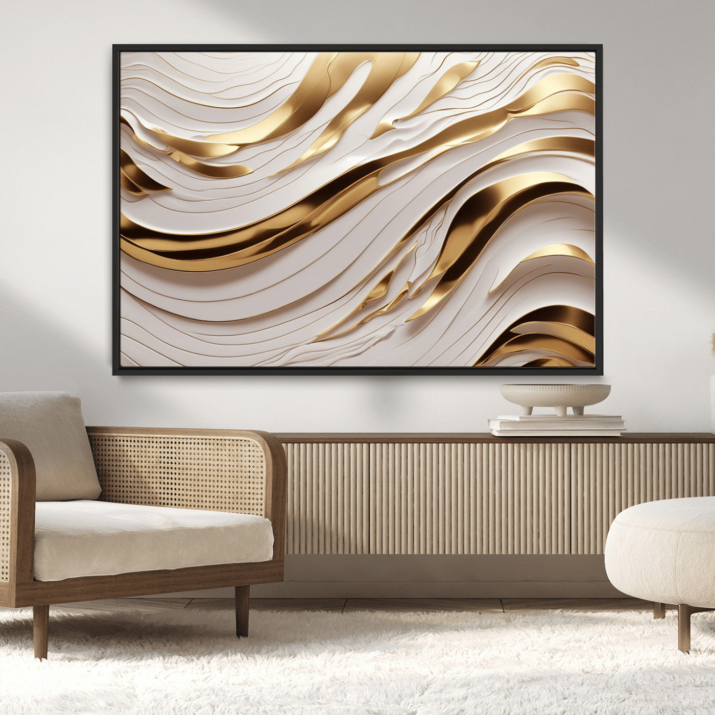 81197-MGV-CV-36X24-Gold and White Abstract Wave Canvas – Elegant Flowing Design with Luxurious Golden Accents –