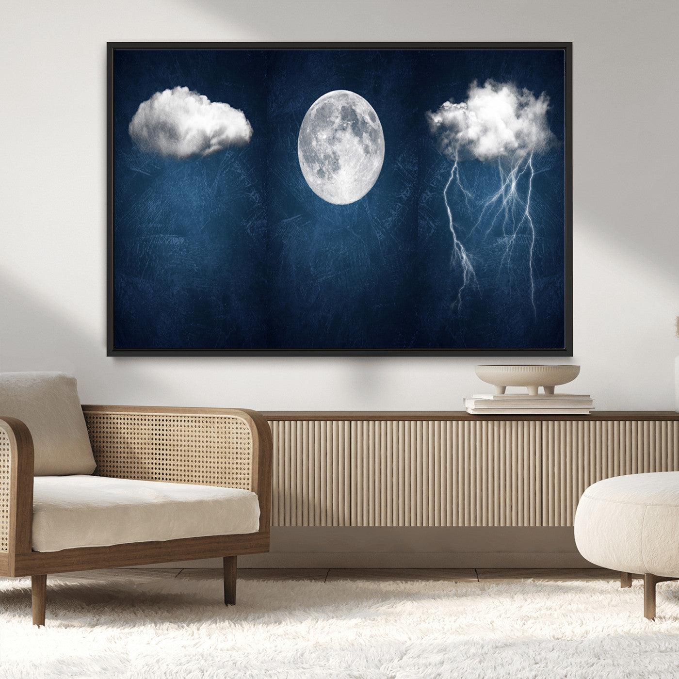 96569-MGV-CV-36X24-Dark Blue Cloud Art, 3 Piece Indigo Blue Wall Art, Aesthetic Surreal Art, Thunderstorm Moon Cloud