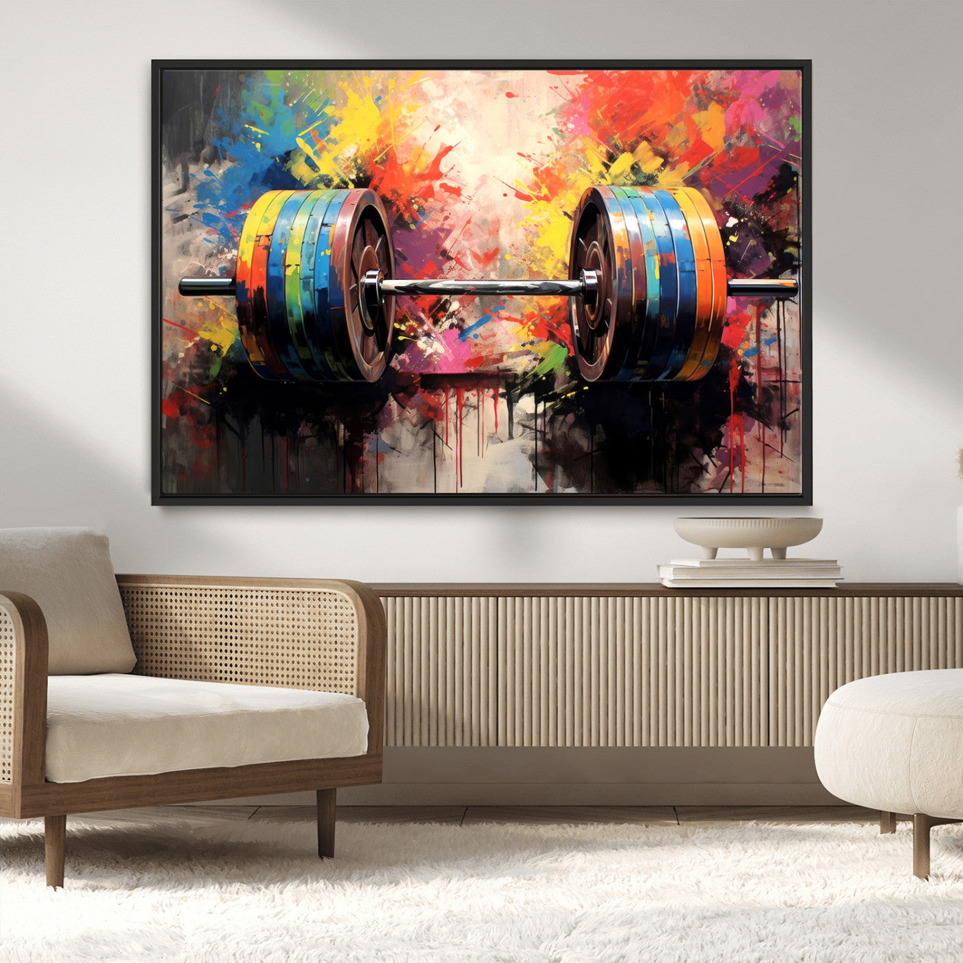 80436-MGV-CV-36X24-Weightlifting Barbell Art Triptych, Bold Abstract Fitness Wall Decor for Gym or Home, Giclee Canvas
