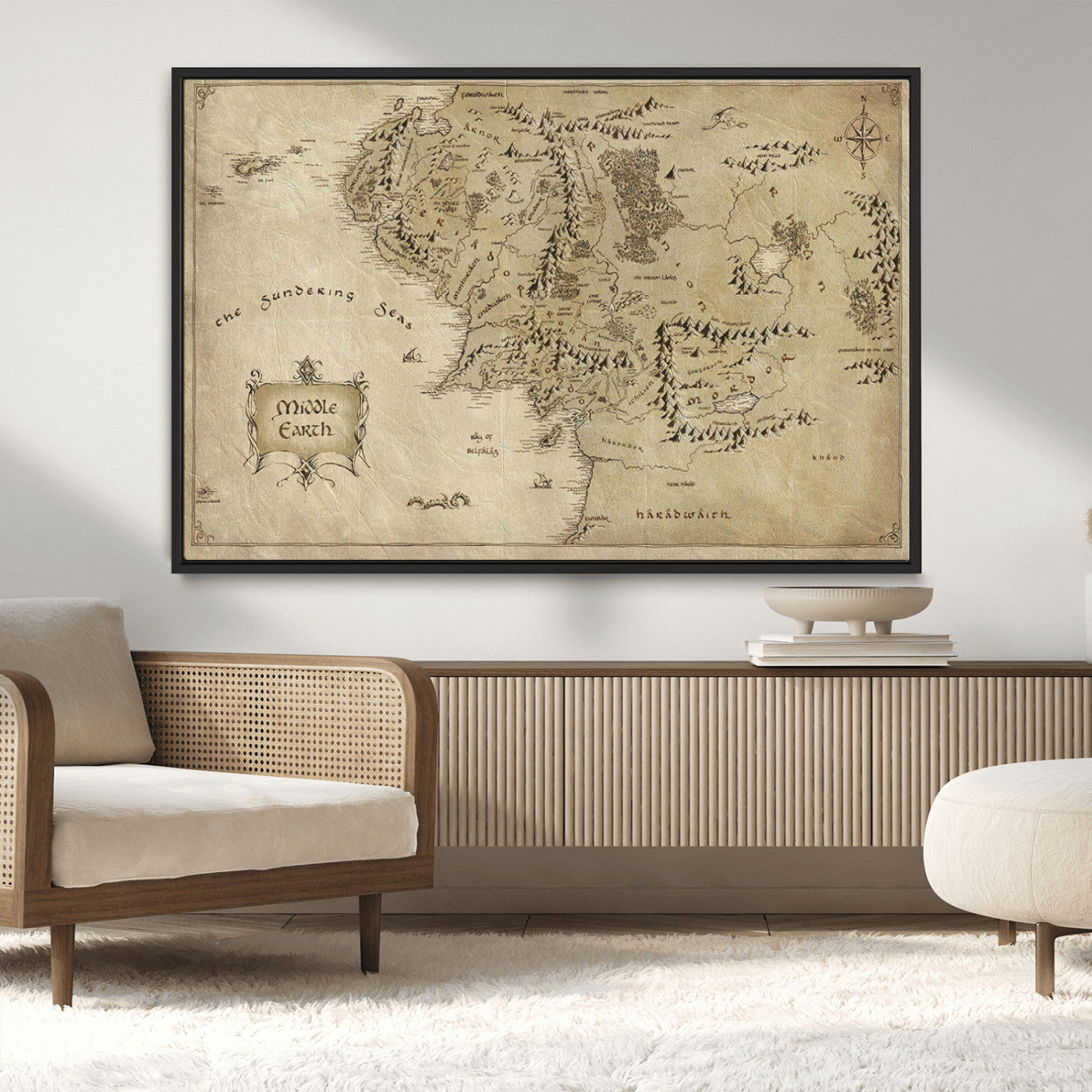 21784-MGV-CV-36X24-Vintage Middle Earth Map Wall Art Canvas – Lord of the Rings Inspired Framed Map Print, Classic Fantasy Decor for Home, Office