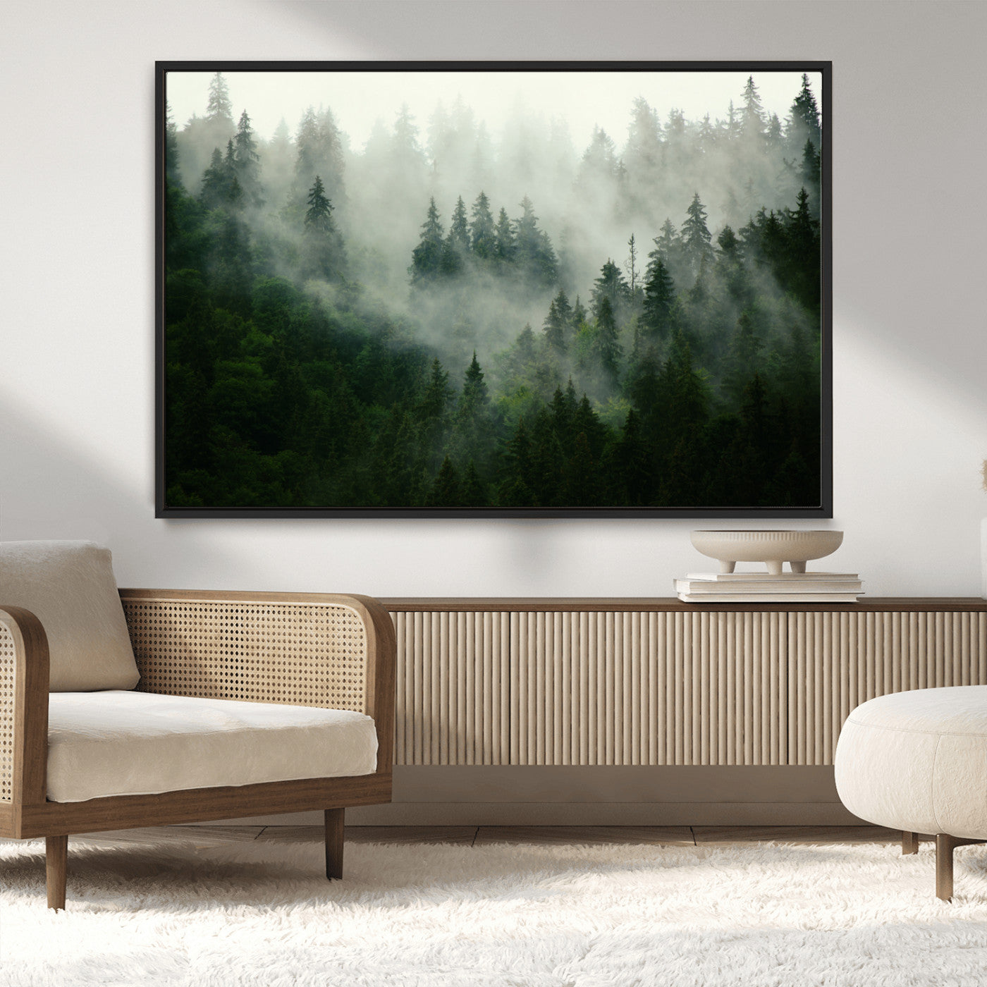 167720496-MGV-CV-36X24-Misty Forest Wall Art – Tranquil Green Woodland Canvas Print, Nature Landscape Decor for Living Room, Bedroom or Office