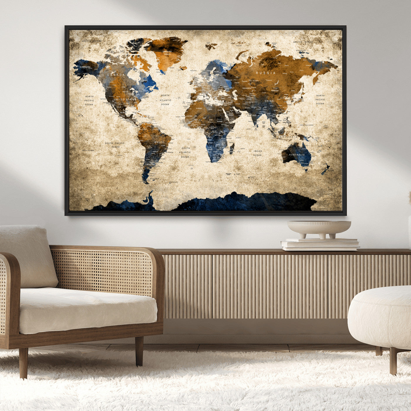 51140-MGV-CV-36X24-World Map Wall Art – Antique Style Blue and Brown Map Canvas Print, Classic Travel Wall Decor for Home Office or Study Room
