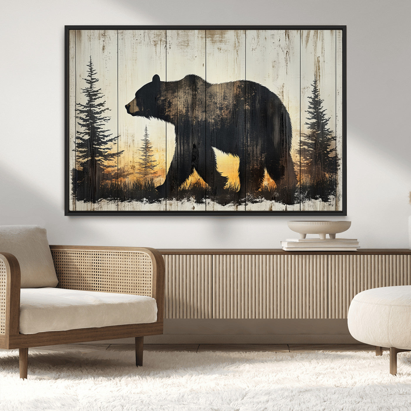 83875-MGV-CV-36X24-Vintage Bear Wall Art Canvas Print for Farmhouse - Mountain Wood Canvas Wall Art - Forest Silhouette