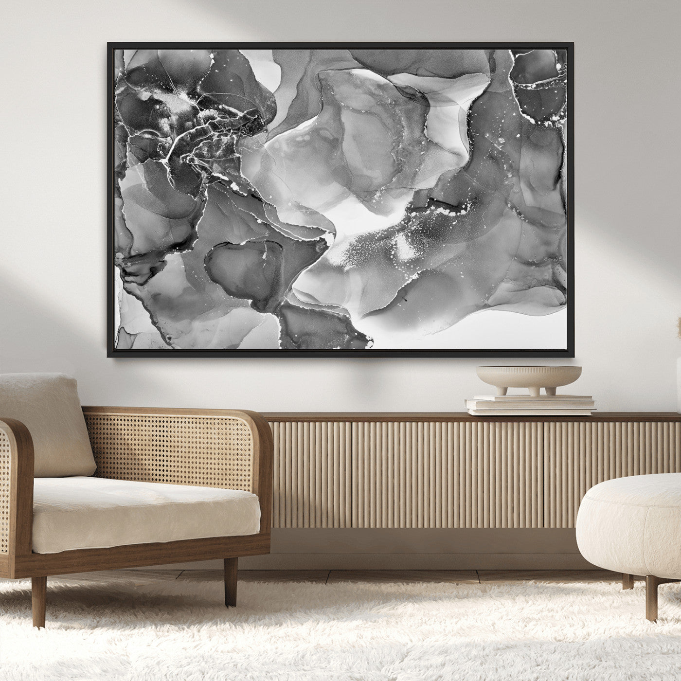 15911-MGV-CV-36X24-Black White Abstract Canvas Wall Art - Fluid Ink Artwork - Modern Luxury Wall Decor for Contemporary