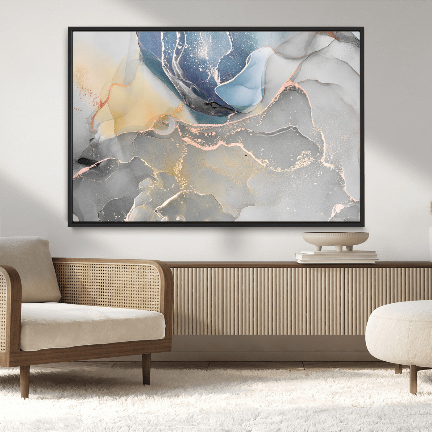 18176-MGV-CV-36X24-Large Abstract Blue and Gold Canvas Wall Art | Fluid Ink Artwork Print | Luxury Wall Decor for