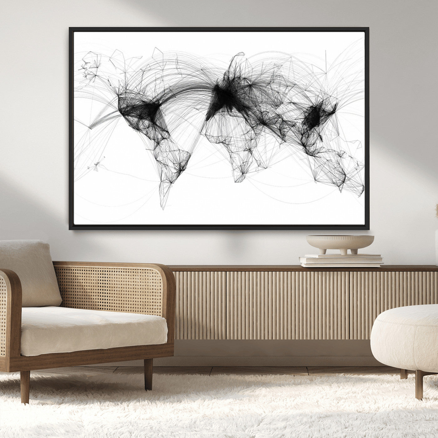 50136-MGV-CV-36X24-Abstract World Map Wall Art – Framed Geometric Line Canvas Artwork, Modern Global Design, Contemporary Decor for Home, Office