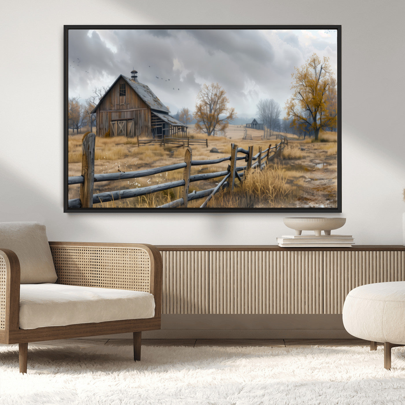Farm1-MGV-CV-36X24-Rustic Autumn Farmhouse Wall Art Canvas Print – Serene Countryside Scene with Weathered Barn and